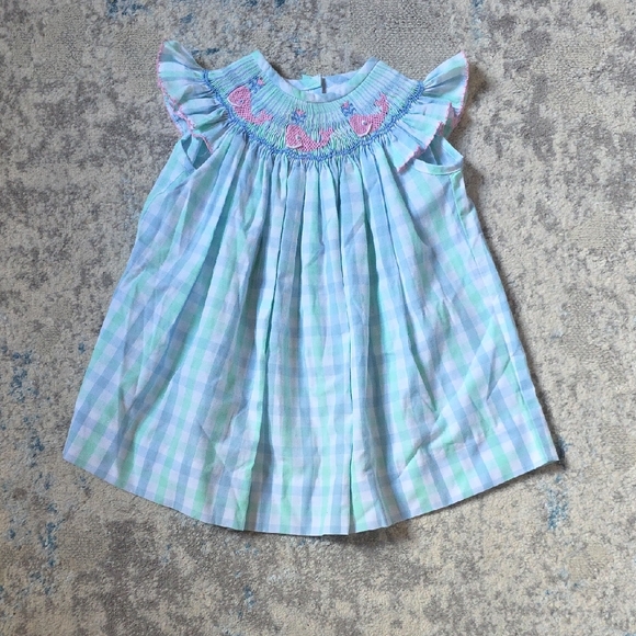Shrimp & Grits Kids Size 6 Months Whale‎ Smocked Dress Gingham Nautical Beach - Picture 1 of 5